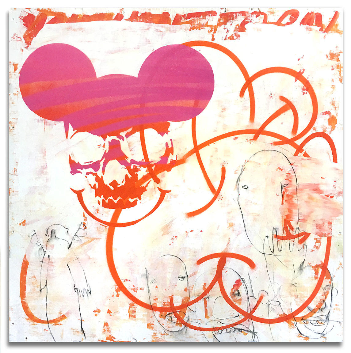 Mickey Mask 01 - 29" x 29" Acrylics, spray cans, oil pastel on wood, industrial wire spool box.