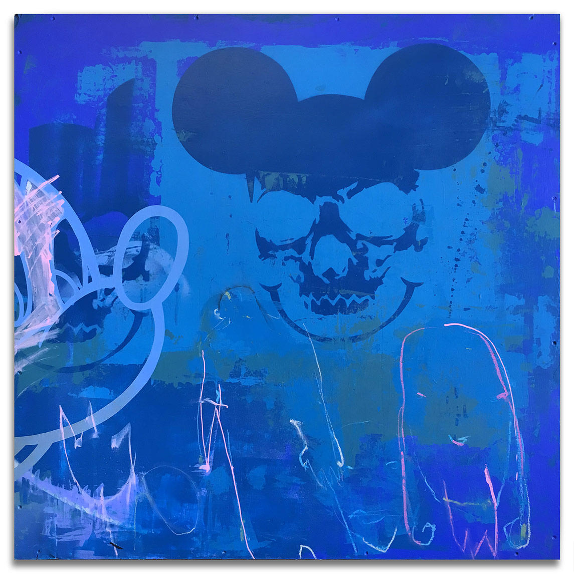 Mickey Mask 03 - 29" x 29" Acrylics, spray cans, oil pastel on wood, industrial wire spool box.
