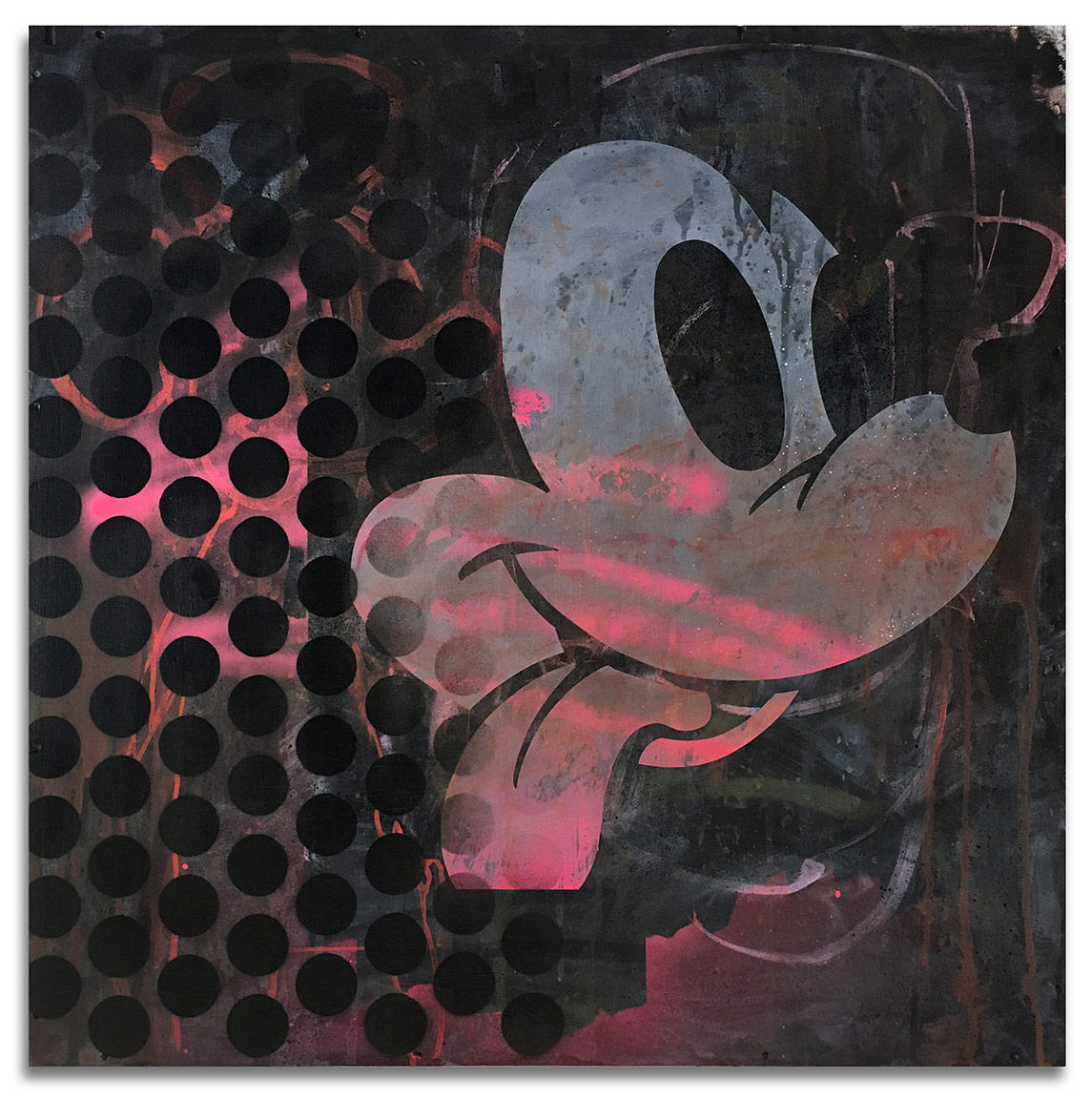 Part Mickey - 29" x 29" Acrylics, spray cans, oil pastel on wood, industrial wire spool box.
