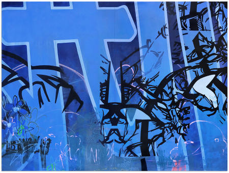 Venetian Blue - 115" x 132" Spray cans, acrylics, oil pastel on canvas.